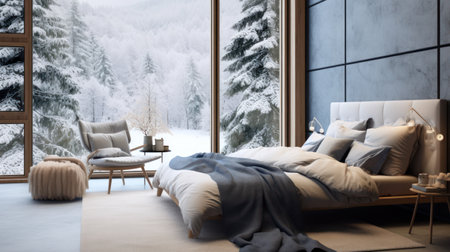 3d rendering cozy bedroom in winter with snow forest and mountain viewの素材