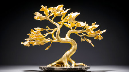 Golden bonsai on a black background, 3d illustration.の素材