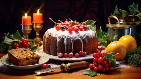 Christmas cake with berries and candles on a wooden background. Selective focus.の素材