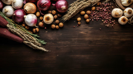 onion, garlic, peppercorns and spices on wooden backgroundの素材