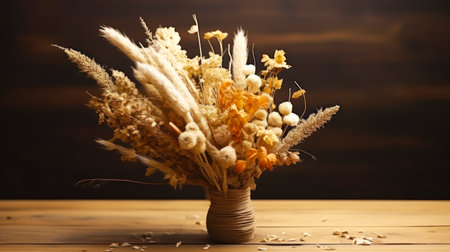 Bouquet of dried flowers in vase on wooden table.の素材
