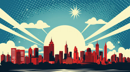 city skyline with sun and clouds, retro style, vector art illustrationの素材