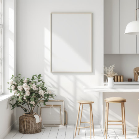 Interior of modern bathroom with white walls, wooden floor, white countertops with built in sink and bar with stools. Vertical mock up poster frame. 3d renderingの素材