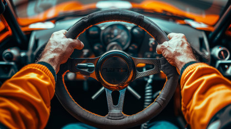 Close-up of the hands of a man driving a car. Steering wheels.の素材