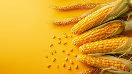 ears of corn on a yellow background, top view, copy spaceの素材