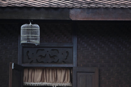 cages of ornamental birds hung outsideの写真素材
