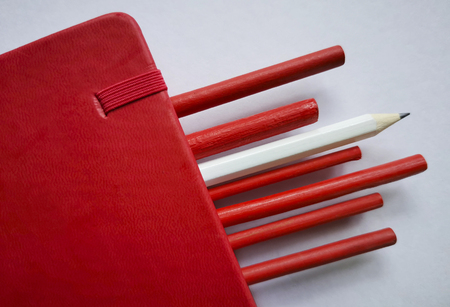 A pencil with a wooden stick was clasped with a red bookの写真素材