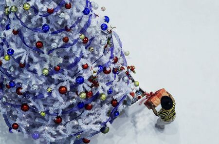 Child brought a gift near a beautiful Christmas treeの写真素材