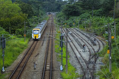 The train is moving along the railwayの写真素材