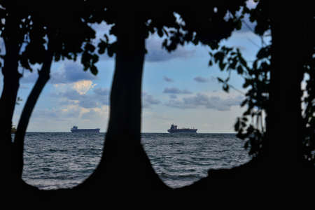 View at beach with looking two cargo ship at the seaの写真素材