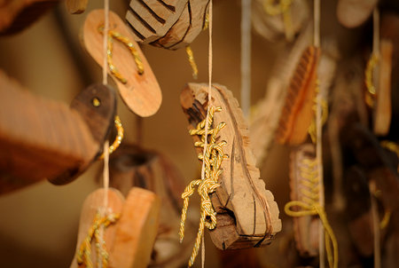 Various types of creative designs of decorative shoes made of woodの写真素材