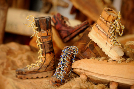 Various types of creative designs of decorative shoes made of woodの写真素材