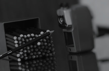 Gradient tone. Group of pencil with sharpening machine background on the table