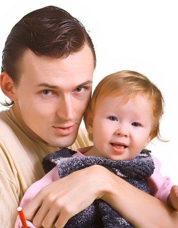 Young men with a little child on hands. Isolation on a white backgroundの写真素材