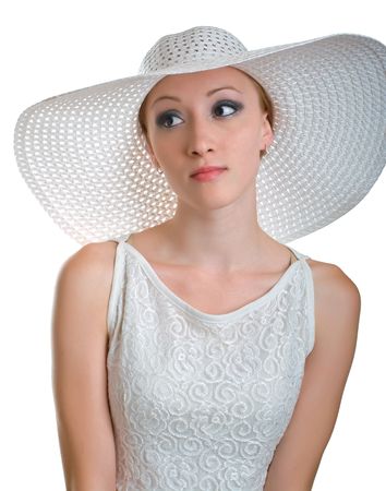 Portrait sad young women in white hat and dress on white background. Isolationの写真素材