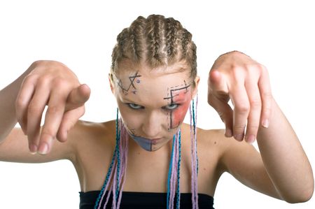 Portrait of beautiful young girl with plaits and geometrical makeup on white background