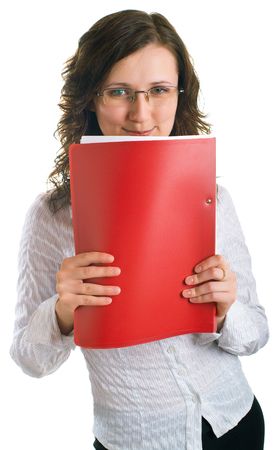 Smiling young women in a business suit with a folder in hands. Isolated on white backgroundの写真素材