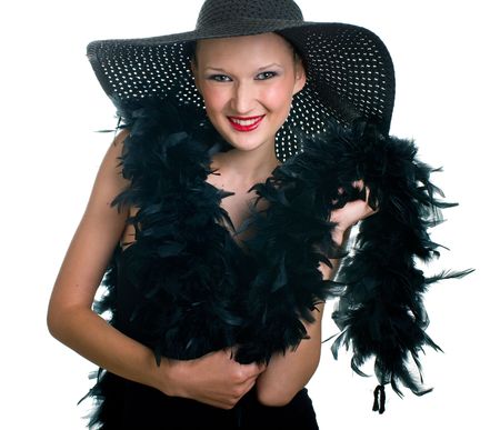 Portrait of beautiful smiling women in black hat and boa. Isolation on white background