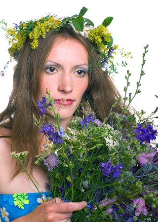 beautiful young women with floral wreath on white background. Isolationの写真素材