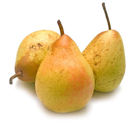 Juicy ripe yellow pears on white background. Isolated. Shallow DOFの写真素材