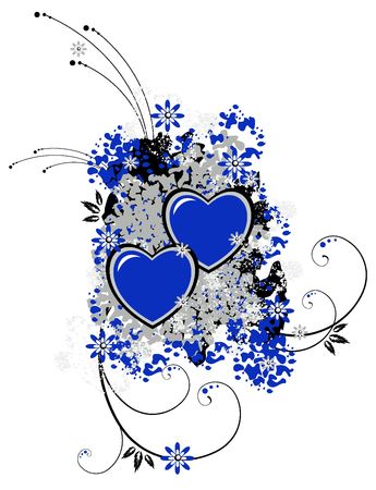Floral pattern with two hearts on a white background. The illustration is executed in grey, black and blue colors.の写真素材