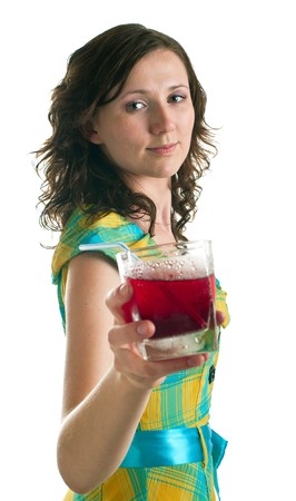 Young girl with a cocktail glass. Isolated on white backgroundの写真素材