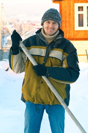 Portrait of the smiling young men against winter country. Outdoorの写真素材