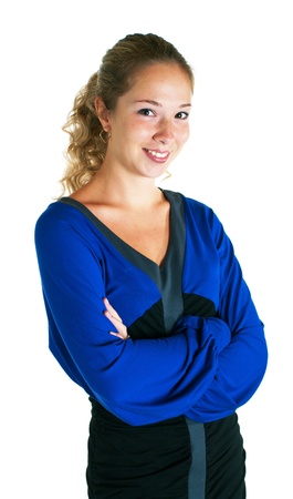 The smiling beautiful girl in dress of blue and black colors on a white background. の写真素材