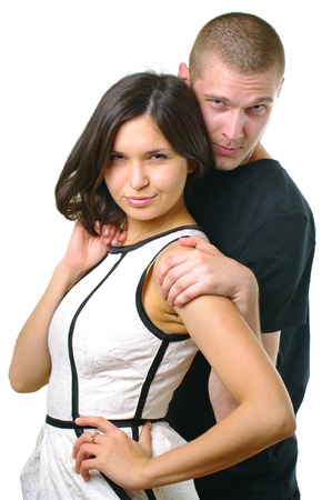 Portrait of young happy serenity attractive couple, isolated on white backgroundの写真素材