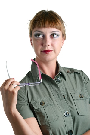Young women with a pink glasses on white background. Isolation. Shallow DOF の写真素材