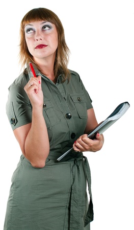 Young women with a folder in hands. Isolated on white backgroundの写真素材