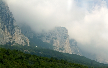 The fog and cloud in mountain valley. Summer landscape. Crimea, Ukraineの写真素材
