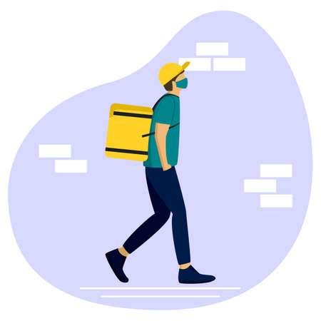 Online delivery service concept, online order tracking, delivery home and office, delivery man in respiratory maskのイラスト素材
