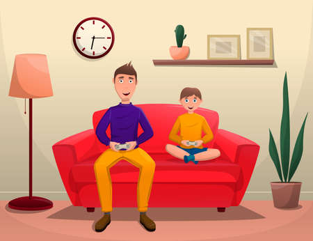 Happy son and father playing video games, sitting on sofa at home, man with gamepad, boy with gamepad, character playing video games, national video game day, vector imageのイラスト素材