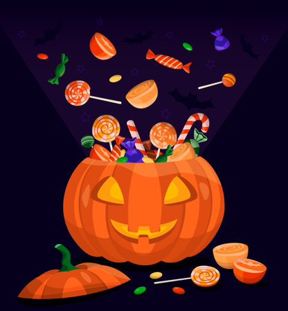festive pumpkin with candy, halloween, vector imageのイラスト素材