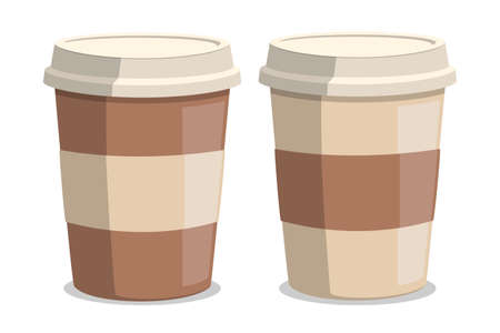 Two cups of fresh coffee. Disposable paper cup. Flat cartoon style. Decorative design for cafeteria, banners, postcards Vector image, illustration.のイラスト素材