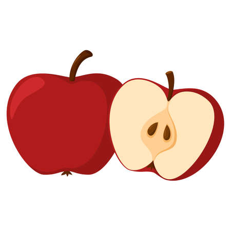 fresh apple. Whole apple fruits and an apple cut in half. cartoon style. vector illustration isolated on a white backgroundのイラスト素材