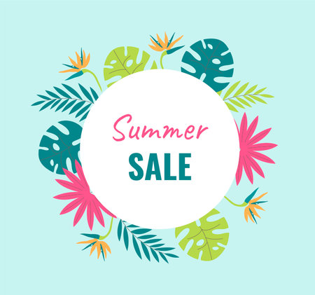 Creative, bright, colorful background with tropical leaves. Summer sale, poster template, greeting card, banner.のイラスト素材