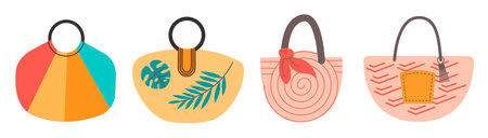 Cartoon summer elements, summertime accessory. Vector set of beach bags. Flat vector illustration.のイラスト素材