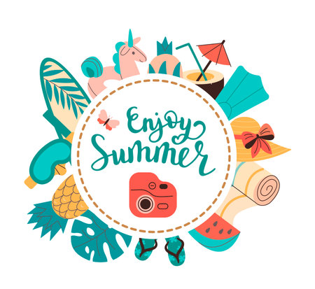 Summertime accessory. Vector illustration of fins, surfboard, mask, swimwear, fruit, slates and lettering enjoy summer.のイラスト素材