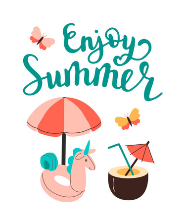 Summertime accessory. Vector illustration of umbrella, cocktail, inflatable circle and lettering enjoy summer.のイラスト素材