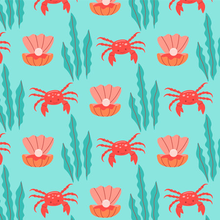 Vector seamless marine pattern with crab, shell, seaweed. Ocean life and sea creatures or animals....