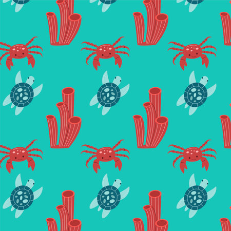 Vector seamless marine pattern with crab, turtle, seaweed. Ocean life and sea creatures or animals. Nautical background.のイラスト素材