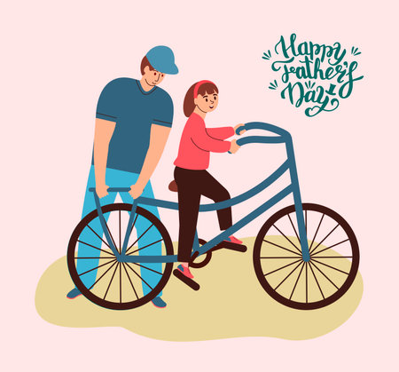 Happy Faters Day, gorgeous lettering written with elegant calligraphic font. Father teaches daughter to ride a bike.のイラスト素材
