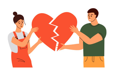 Red broken heart in hands man and woman. Reconciliation concept.のイラスト素材