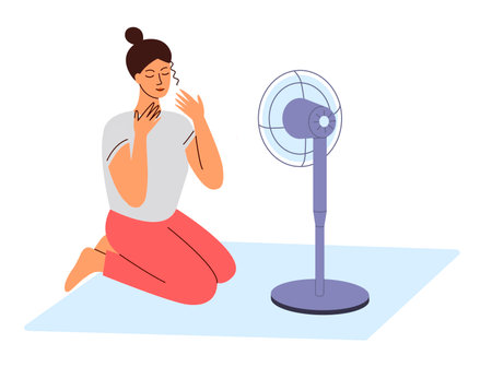 Woman enjoying air flow from fan on floor iat home. Cooling house in summer.のイラスト素材