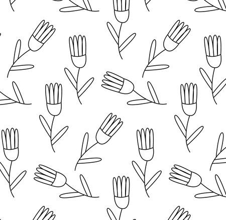 Seamless pattern with monochrome hand drawn flowers on white background. Vector illustration for wrapping.のイラスト素材