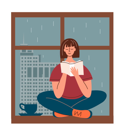 Girl is reading a bbook sitting on the windowsill. Its raining outside window. Home pastime concept.のイラスト素材