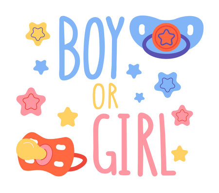 Girl or boy, lettering written with elegant calligraphic font and decorated with dummy. Gender party concept.のイラスト素材