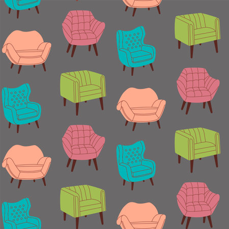 Seamless pattern of armchairs in trendy, modern style. Living room and patio furniture.のイラスト素材